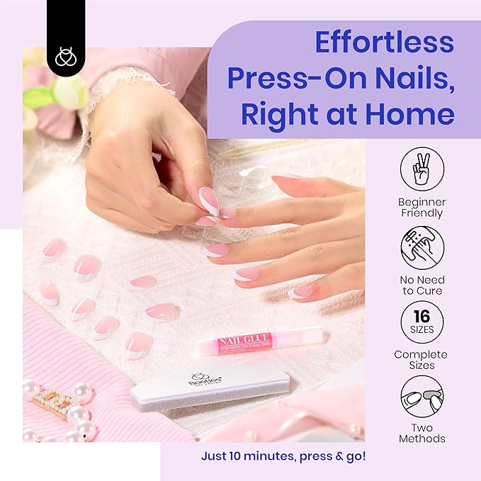 Beetles Short Square French Tip Press On Nails Brown 64 Pcs Pre-Shaped Fake Nails Reusable Nail Kit with Quick-drying Nail Glue Mini Manicure File DIY Home Salon in 16 Sizes Gifts for Women Girls