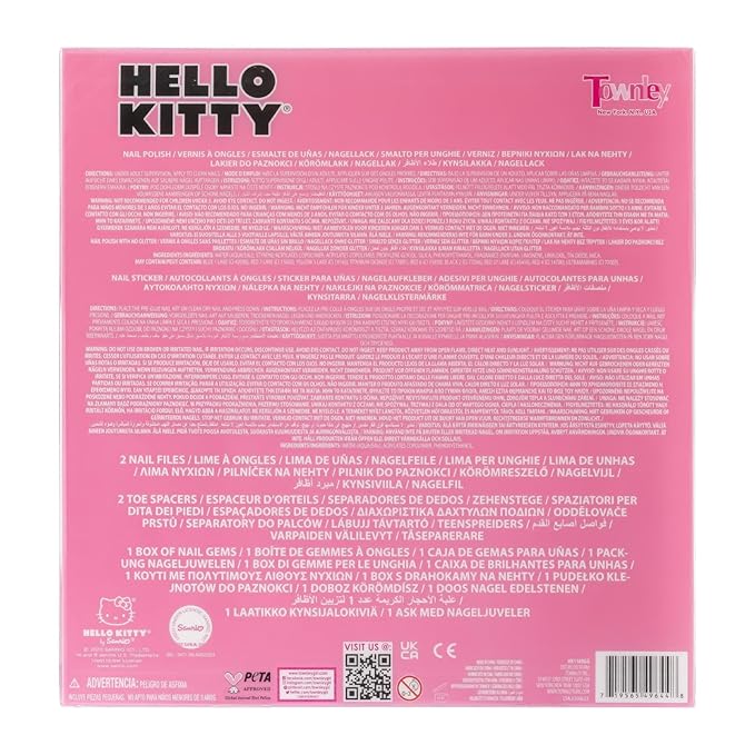 Hello Kitty Water-Based Nail Polish Set, Peel-Off Set with Glittery & Opaque Colors and Nail Accessories for Girls Kids, Perfect for Dress Up, Parties & Makeovers Ages 3+ by Townley Girl