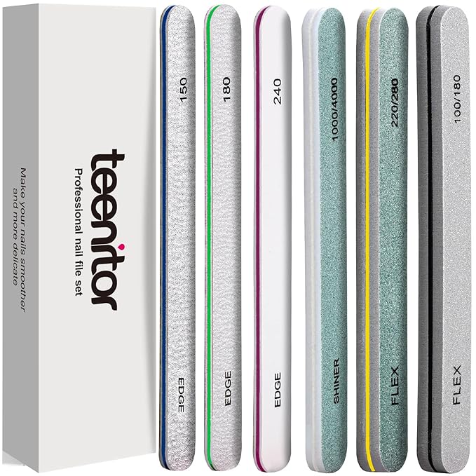 Teenitor Nail File Buffer, Nail Files for Natural Nails and Acrylic Nails, Manicure Buffer Block, Different Grits, Straight