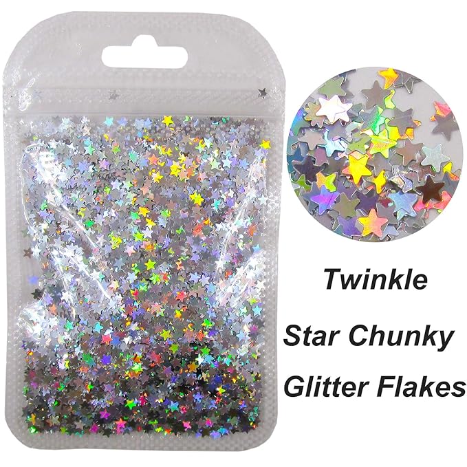 80g Mixed Color Star Chunky Glitter Sequins Iridescent Holographic Stars Glitters Flakes Sparkles Sticker Arts Crafts Resin Supplies Nail Art DIY Designs Decor Confetti (Star)