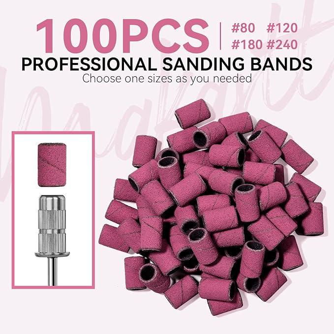 Makartt Sanding Bands for Nail Drill - 100 Pcs Nail File Sanding Bands for Drill Bits #120 Medium Grits for Acrylic Nails Gel Removing and Shaping, Upgrade Thicker Durable Sanding Drill Bit, Pink