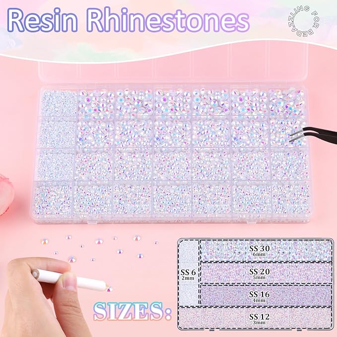 30000Pcs Resin Rhinestones for Bedazzling with 3Pcs B7000 Jewelry Glue, White AB Flatback Gems Rhinestones for Crafting, Clothing Tumblers Mugs Shoes Fabric Decor Nail Art
