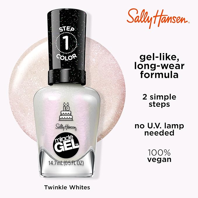 Sally Hansen Miracle Gel Salon Quality Nail Polish | Gel-Like Formula, Two-Step System, No UV Light Needed, Long Lasting | Sheer, Glittery | 785 Twinkle Whites | Iridescent White Nail Polish