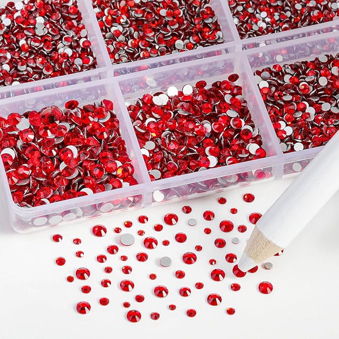 Beadsland 7200pcs Flatback Rhinestones, Red AB Rhinestone Nail Gems Round Crystal Rhinestones for Crafts,Mixed 6 Sizes with Wax Pencil Kit, SS3-SS10, Light Siam