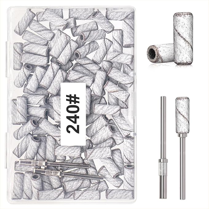 100pcs 240 Grit Small Sanding Bands for Nail Drill with 2pcs 3/32’’ Upgrade Mandrels Bits, Mini Sanding Bands for Nail Drill for Manicure Nail Salon and Nail Enthusiasts Use, White