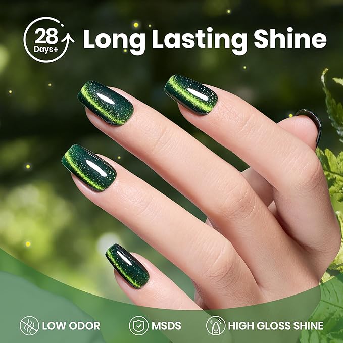 Beetles Forest Flame Green Cat Eye Gel Nail Polish - 15ML Green Cat Eye Gel Polish Glitter Magnetic Translucent Glassy Effect Soak Off UV French Nail Art DIY Manicure Stpatrick Gifts for Women