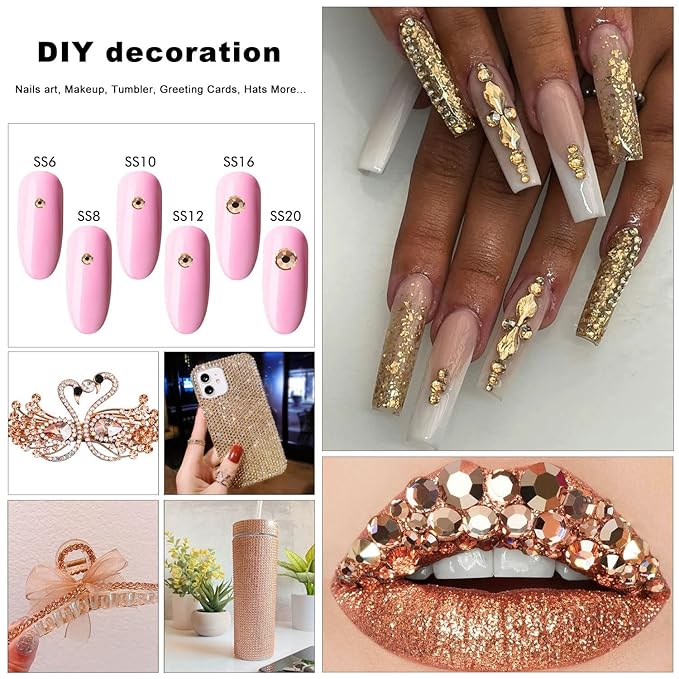 4240Pcs Champagne Flatback Rhinestones 6 Sizes Crystal Diamonds for Nail Art Crafts Clothes Shoes with Tweezers and Picking Pen