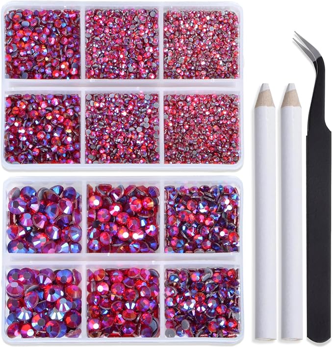 Bymitel Hotfix Crystal Rhinestones Round Gems for Crafts,Mixed 6 Sizes with Wax Pencil Kit, Siam AB 1.6-6.3mm SS4-SS30/8000pcs