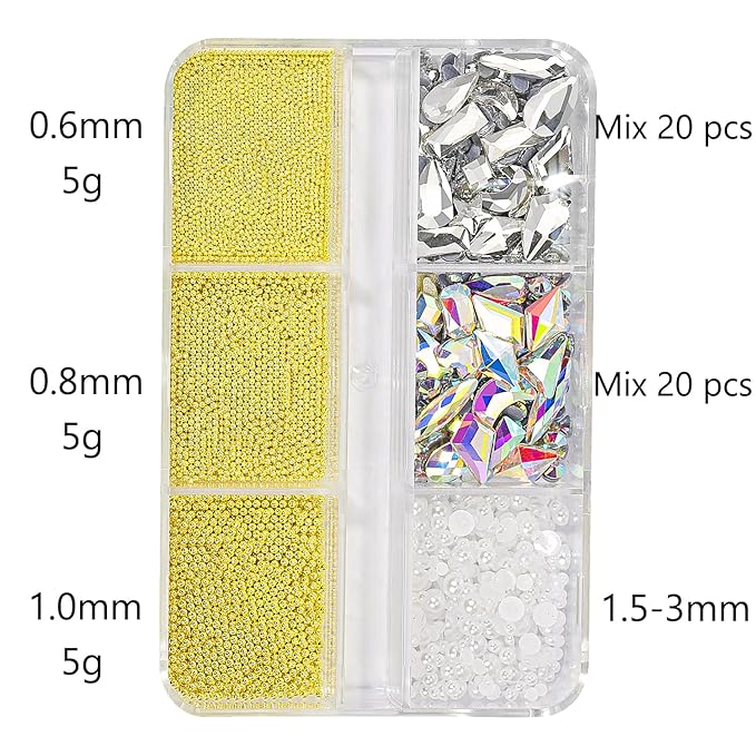 3D Nail Art Charms Gold Nail Micro Caviar Beads Rhinestones for Acrylic Nails Mix Size Multishape AB Nail Rhinestones Nail Crystal Studs Flatback Pearl Kit for Nail DIY Craft Decoration