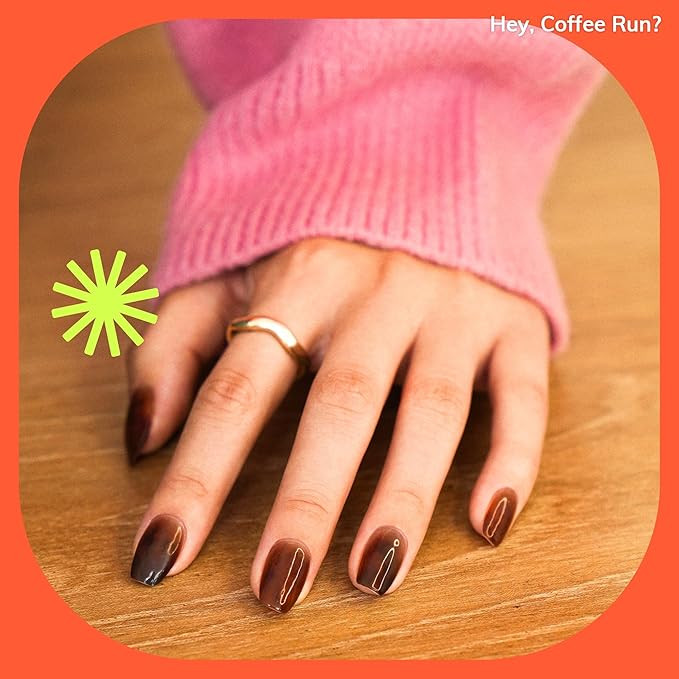 Heyhae Semi Cured Gel Nail Strips | No LED Lamp Needed | Marble, Brown | Easy Apply & Remove, Salon Quality | Includes 28 Strips, 1 Prep Pads, Nail File & Wooden stick - Hey, Coffee Run?