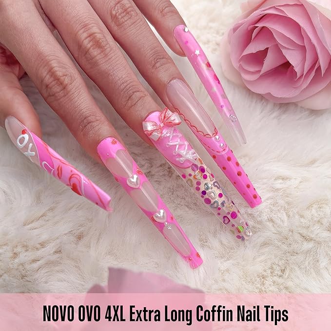 NOVO OVO 4XL Extra Long Coffin Nail Tips (Clear, 120Pcs) - Soft Gel Gel X Style Full Cover False Nails, Super Long Ballerina Acrylic Fake Nail Tips for Press on Extension, DIY Salon (12 Sizes)