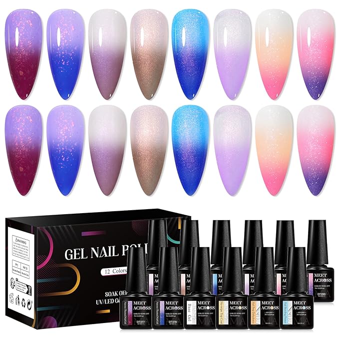 MEET ACROSS 12 Pcs Color Changing Gel Nail Polish Set, 8 Colors Red Pink Glitter Blue Purple Mood Temperature Change Nail Polish with Base Top Gel Nail Dehydrator and Primer