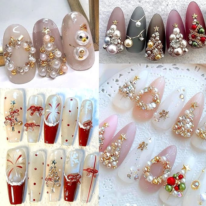 3D Nail Art Pearls and Beads Set, Colorful Half-Round Gems & Rhinestones, Mix Sizes Gold Beads for Nails, Christmas Nail Decorations Accessories DIY Manicure Supplies with Picker Tools