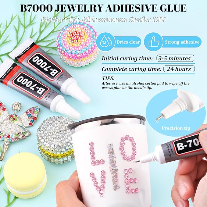 6000Pcs Resin Rhinestones for Bedazzling with 3Pcs B7000 Jewelry Glue, 1 Box Light Pink Flatback Rhinestones for Crafting Crafts DIY, Crystals Gems for Clothing Shoes Tumblers Nail Art Makeup
