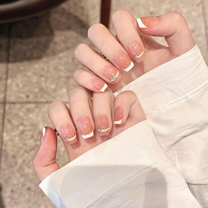 Short Square Press on Nails - Handmade Manicure Art Reusable False Nails 10pcs with Solid Nail Glue, Nail Adhesive Tabs, Strong Nail Glue (S111-Medium)