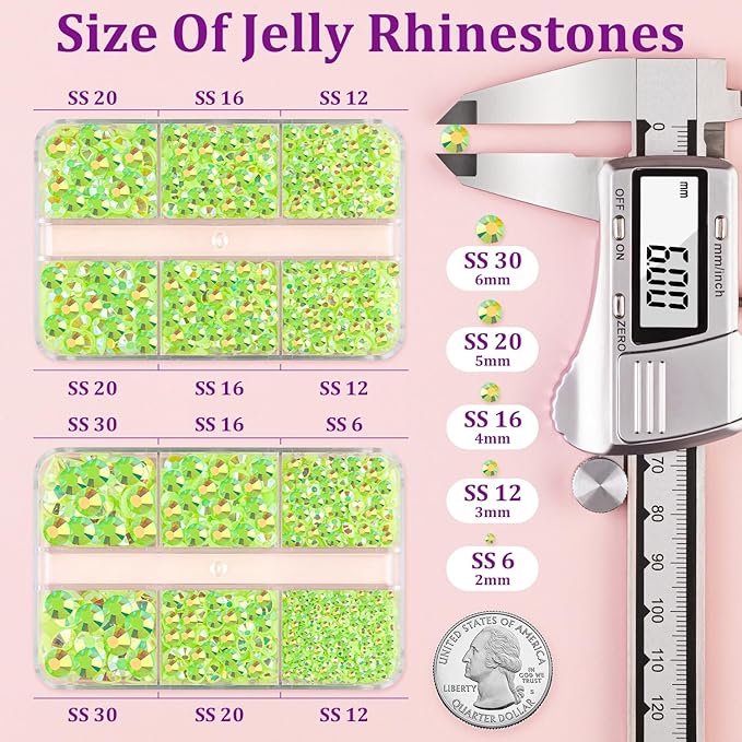 Resin Jelly Rhinestones for Crafting with B7000 Jewelry Glue, 2 Boxes Fluorescent Green AB Flatback Crystals with 2Pcs 10ml Glue, Bedazzling Non Hotfix Gems for DIY Tumblers Clothing Shoes Manicure