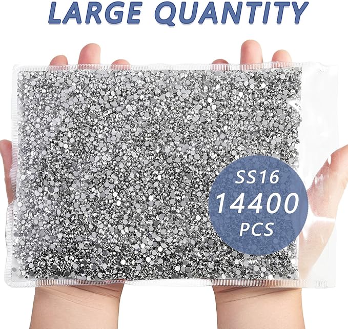 Beadsland Flatback Rhinestones Bulk,14400pcs Silver Rhinestones for Nails Crafts Clothes DIY Decoration, Silver Hematite, SS16, 3.8-4.0mm