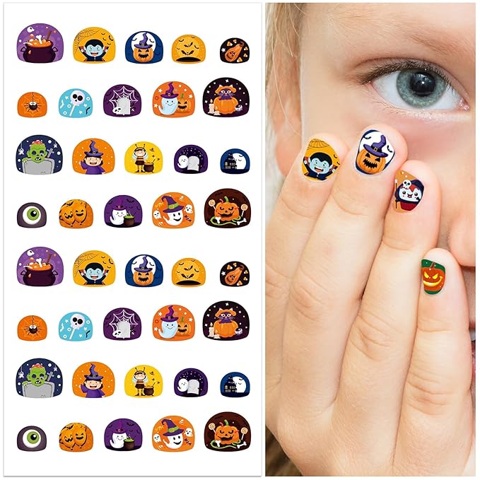 Nail Stickers for Kids - Halloween&Christmas Cute 3D Self-Adhesive Designs, DIY Nail Art Decals for Little Girls, Toddler (4 Sheets)