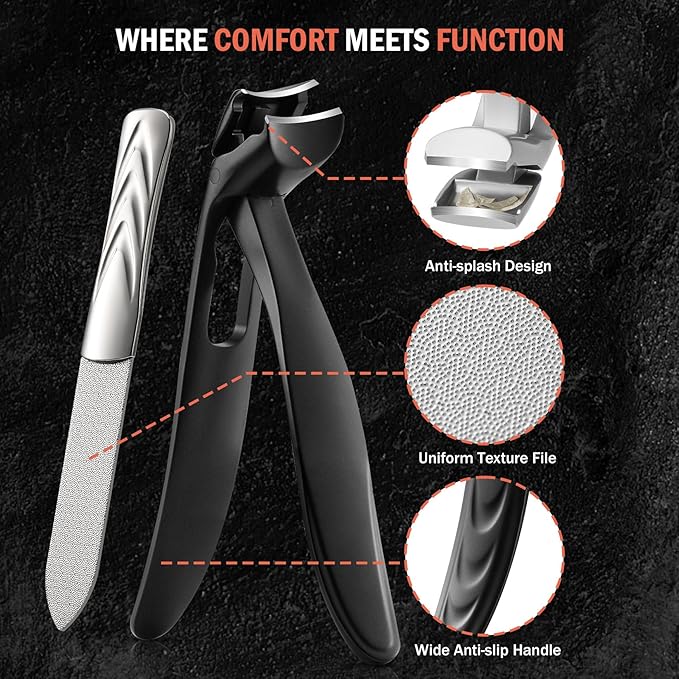 BEZOX Toe Nail Clippers - Long Handled Toenail Clippers for Seniors with Metal Nail File, Angled Fingernail Clippers for Men and Women - Black