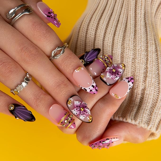 LOVFUL Short Press on Nails Plum Noir | Handmade Acrylic Press ons| Reusable Fake False Nails | Almond Regular 1.0in | H740-S