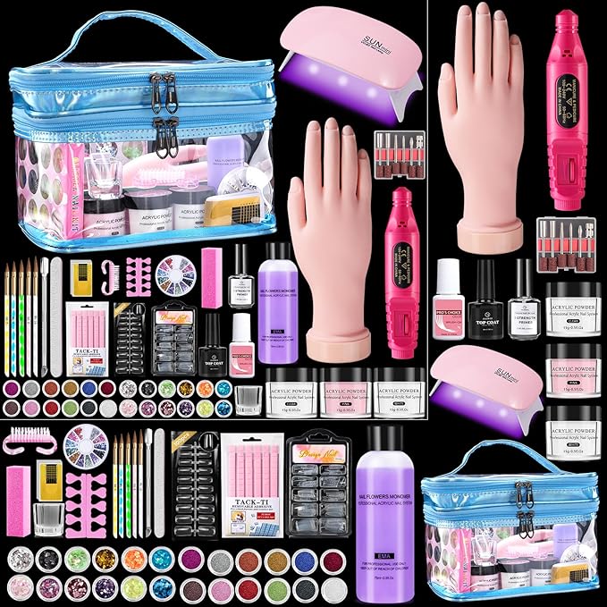 Nail Kit for Beginners with Everything: Professional Acrylic Powder Liquid Set with Nail Practice Hand Drill U V Light in Cosmetic Bag Gift for Women Salon Home (Blue)