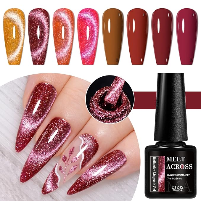 MEET ACROSS 8pcs Gel Nail Polish Set, Soak off UV LED Lamp Gel Nail Polish Cat Eye Set Home Gel Manicure Kit 7ml (Cat Eye + color Gel-2)