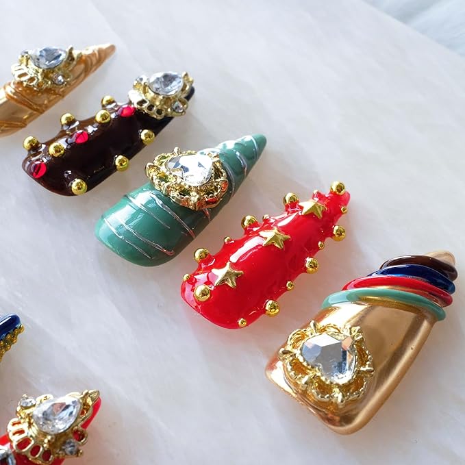 Luxury Handmade Press On Nails, Vintage Bohemian Style, Long Stiletto Shape, Crystal Heart Gems, Gold Stars Design, 10 Pieces (XS, LS)