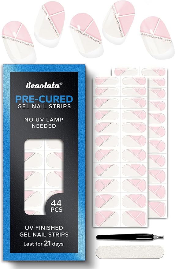 Real Gel Nail Strips (No UV Light Needed) - 44Pcs Salon Quality Nail Stickers - Long Lasting Polish Wraps for Women, Easy Apply & Remove (Minimalist Dawn)