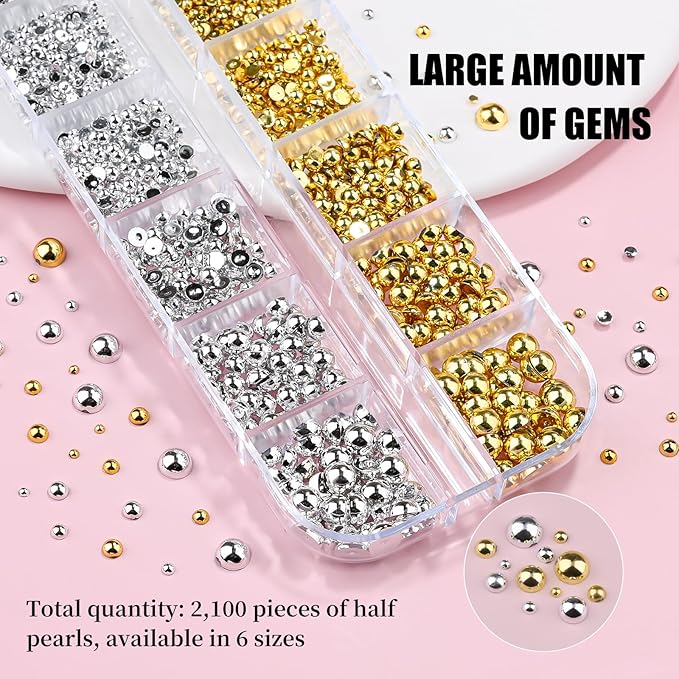 Gold and Silver Nail Charms and Gems, 1.5-5mm Half Round Flatback Nail Pearls Ball Beads Silver Gold Pearls for Nails with Pickup Pencil and Tweezers (12-K1-half-pearls-gold-silver)