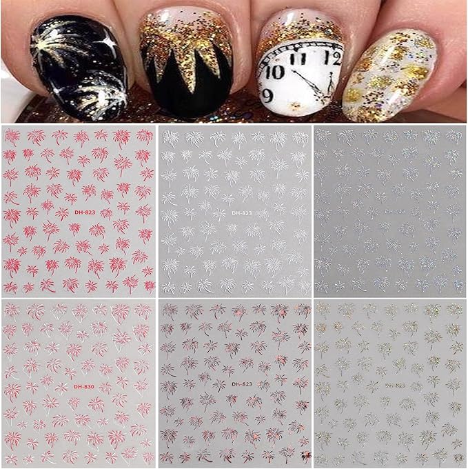 6Sheets Firework Nail Stickers Decal Aurora Fireworks Nail Art Stickers, 3D Self-Adhesive Romantic Starry Sky Sparkling Fireworks Manicure Supplies for Women DIY Holiday Manicure Decoration