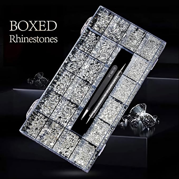 12 Types of 600 White Diamonds + 2500 Flat Rhinestones Mix 20 Styles Flatback DIY Crafts Rhinestone Crystals 3D Ornament‌s Flat Back Stones Set + Tweezers + Drill Pen