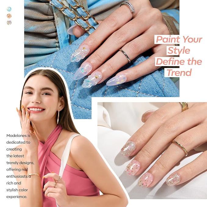 modelones Gel Nail Polish Set, 6 Colors Dried Flower Laser Butterfly Blue Pink Star Shape Ornament Glitter Gel Polish Collection with Wooden Stick All Seasons Soak Off LED Manicure DIY Gift