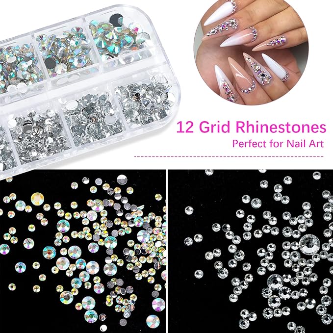 Canvalite Rhinestones 2784PCS in 6 Sizes Flat Back Gems, Crystal AB Art Gems with 5Pcs Jewelry Glue, Pick Up Tweezers and Picker Dotting Pen for Nails, Makeup, Stocking Stuffers Gifts for Women