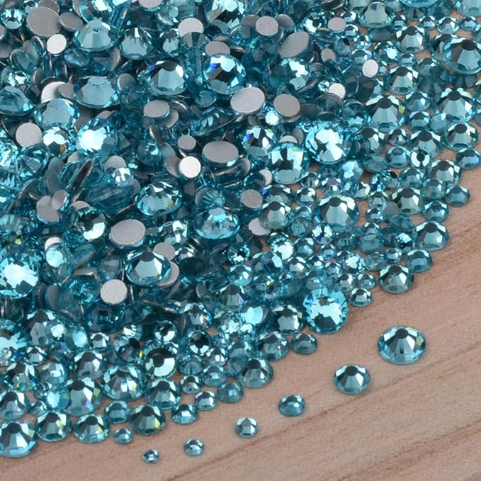 10000 Pieces Rhinestones 6 Sizes Round Crystal Glass Flat Back Rhinestones with 1Tweezers and 1Picking Pen for Nail Art Crafts Clothes Bags DIY (Aquamarine)