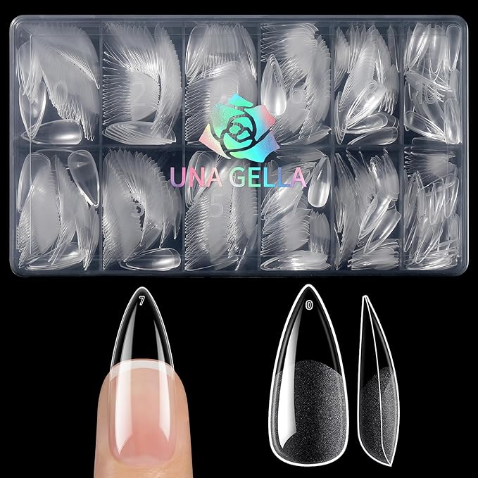 UNA GELLA Medium Stiletto Gel Nail Tips 600Pcs, Medium Stiletto Press on Nails Almond Shape Pre Etched Full Cover Soft Gel Nails Tips for Nail Extensions DIY Art Salon 12 Sizes at Home