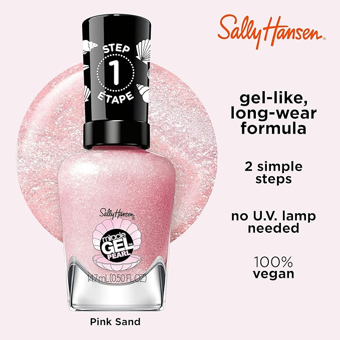 Sally Hansen Miracle Gel Pearls Salon Quality Nail Polish | Gel-Like Formula, Two-Step System, No UV Light Needed, Long Lasting | Sheer, Shimmer | 906 Pink Sand | Nude Pink Nail Color