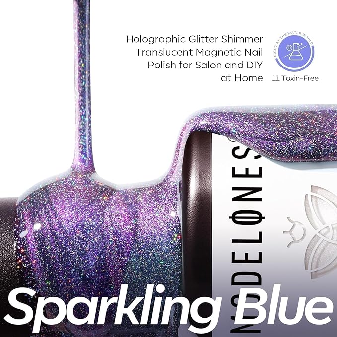 modelones 9D Magnetic Cat Eye Gel Nail Polish, Holographic Blue Purple Rainbow Shimmer, 15ML UV LED Soak Off Gel, valentine Nail Art, Manicure Design - Reflective Top Coat for Women & Girls