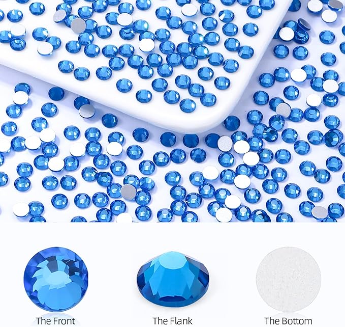 Capri Blue Flatback Rhinestones, Glass Rhinestones for Nail Art and Craft, Glue Fix, Loose Crystal Gemstones(Capri Blue, SS10, 1440pcs, 2.7-2.8mm)