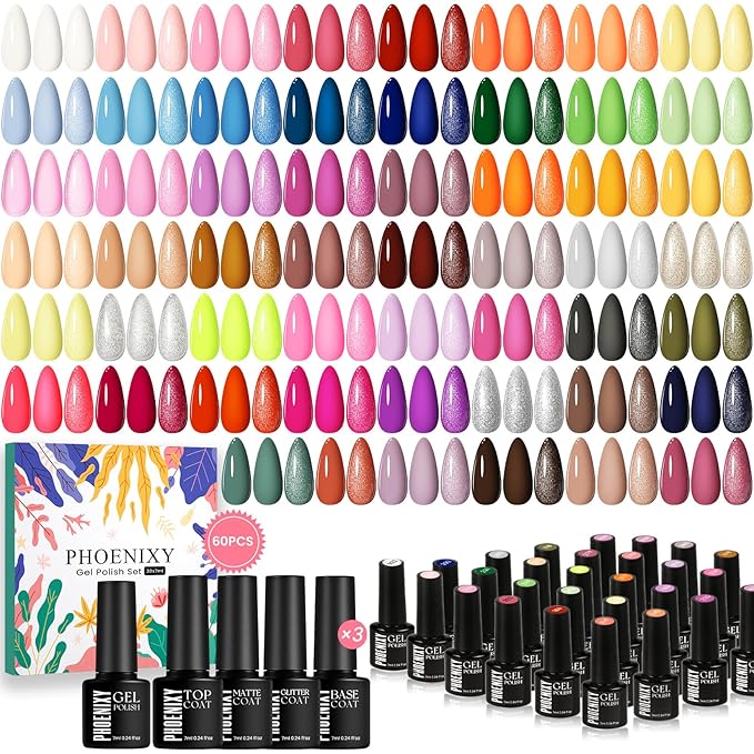 phoenixy 60 Pcs Gel Nail Polish Set, 54 Colors Gel Polish Milky White Burgundy Red Blue Yellow All Season 6 Pcs Base Top Coat DIY Beginners Gift Set for Women