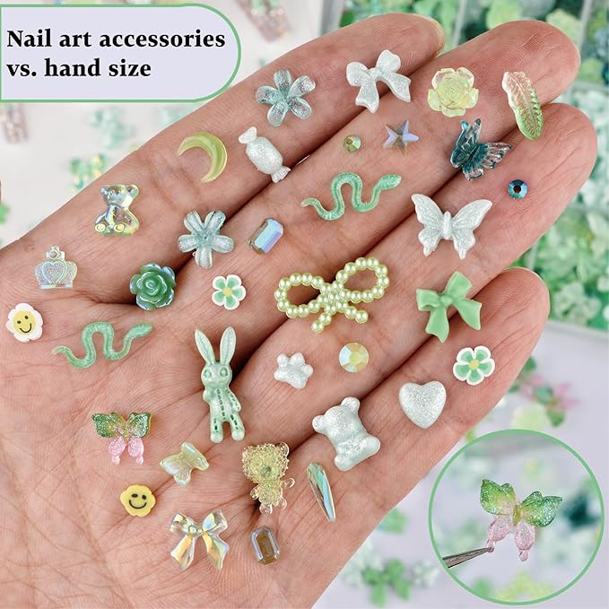 850 Pieces 3D Butterfly Rose Flower Bow Rabbit Bear Nail Charms Kit with Nail Art Rhinestones Pearls Crystal Gems Nail Slices for Manicure DIY Crafts Jewelry Accessories (Green)