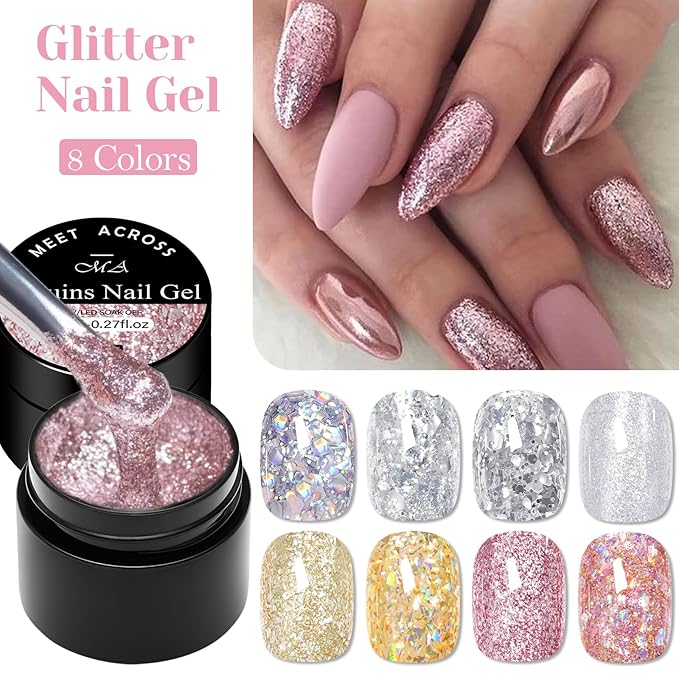 MEET ACROSS 9Pcs Glitter Gel Nail Polish Sliver Broken Gold Pink Flash Gel Polish Kit with Nail Brush, Soak Off UV LED Nail Art Salon & DIY Manicure at Home 8 Colors