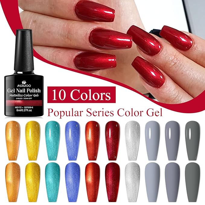 12PCS Metallic Gel Nail Polish Set Orange Blue Red Nail Polish Kit Metallic Effect Gel Gray Nude Gel Polish Set Manicure Kit 10 Colors 8ml