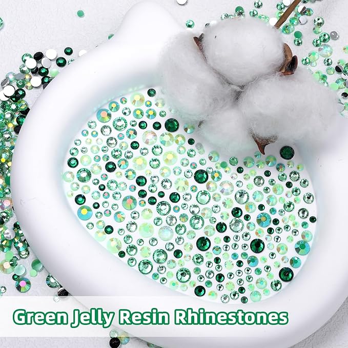 18000 Pcs 3D Green Resin Rhinestones for Crafting, Flatback Jelly Resin Bedazzled Rhinestones for Nails Art, 3-6 mm Crystal Nail Gems for Crafts Nails Eyes Makeup DIY Crafts Supplies