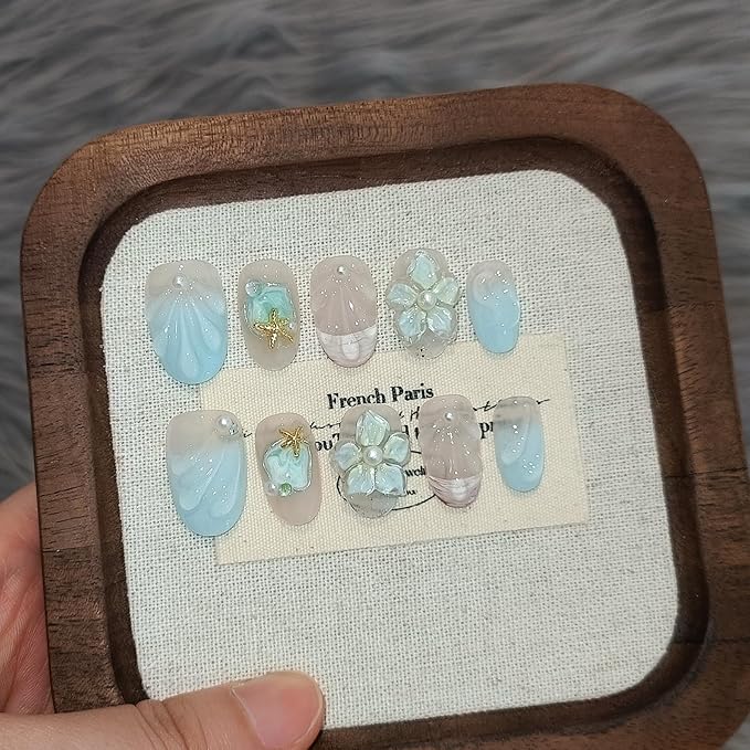 Blue French Tips Press on Nails Short Oval,Isle Blue Gradient & Hand-Sculpted Conch Relief False Nails,Ocean Whisper Fake Nails Kit,Glossy Cute Artisan Coastal Zen Nail Art with Tools 10pcs(L)