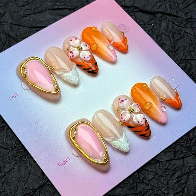 Luxury Medium Almond Press On Nails – French Tip with 3D Flowers, Pearls & Gold Design | Reusable Acrylic Gel Fake Nail | hand made nails