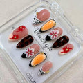 Handmade Press On Nails – Luxury 3D Flower French Tip Designs ， Medium Almond Reusable False Nails for Women & Girls ，Salon-Quality Autumn Winter Nail Art (10PCS)