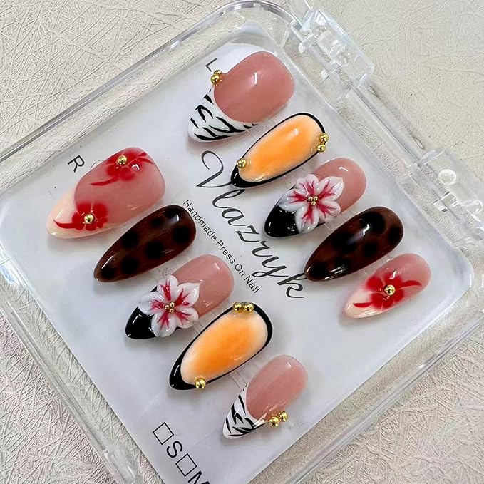 Handmade Press On Nails – Luxury 3D Flower French Tip Designs ， Medium Almond Reusable False Nails for Women & Girls ，Salon-Quality Autumn Winter Nail Art (10PCS)