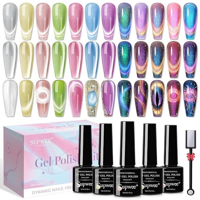 Moonlight Cat Eye Gel Nail Polish and Chameleon Magnetic Nail Polish Cat Eye Gel 12 Colors Cateye Gels Polish with Magnetic Stick Galaxy Wide Cateye Effects for Home DIY Manicure
