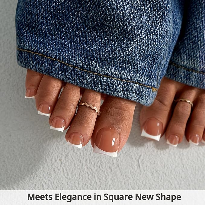 BTArtbox Press On Toenails - Lamp-Curable Sharp Square Toe Nail Press Ons with Glue for Women, Semi-Transparent Fake Toe Nail Tips with French Tip in 15 Sizes - 30 Toenails Kit, Exude Elegance
