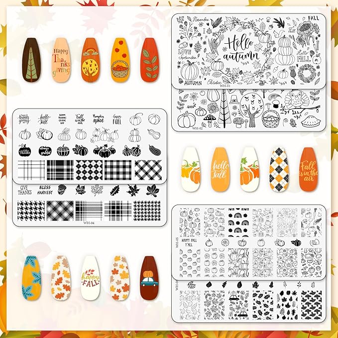 Whaline 6Pcs Fall Thanksgiving Theme Nail Art Stamping Plate Kit Various Pattern Pumpkin Maple Autumn Blessing Collection Checkered Nail Art Plate for Thanksgiving Day DIY Design Print Manicure Salon